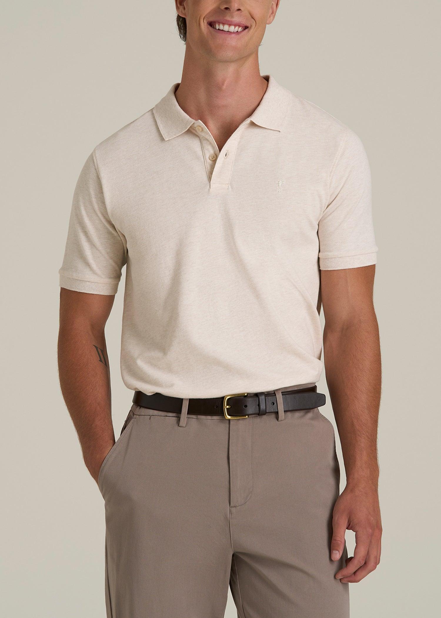 Classic Polo with Embroidered Logo for Tall Men in Heathered Oatmeal Male Product Image