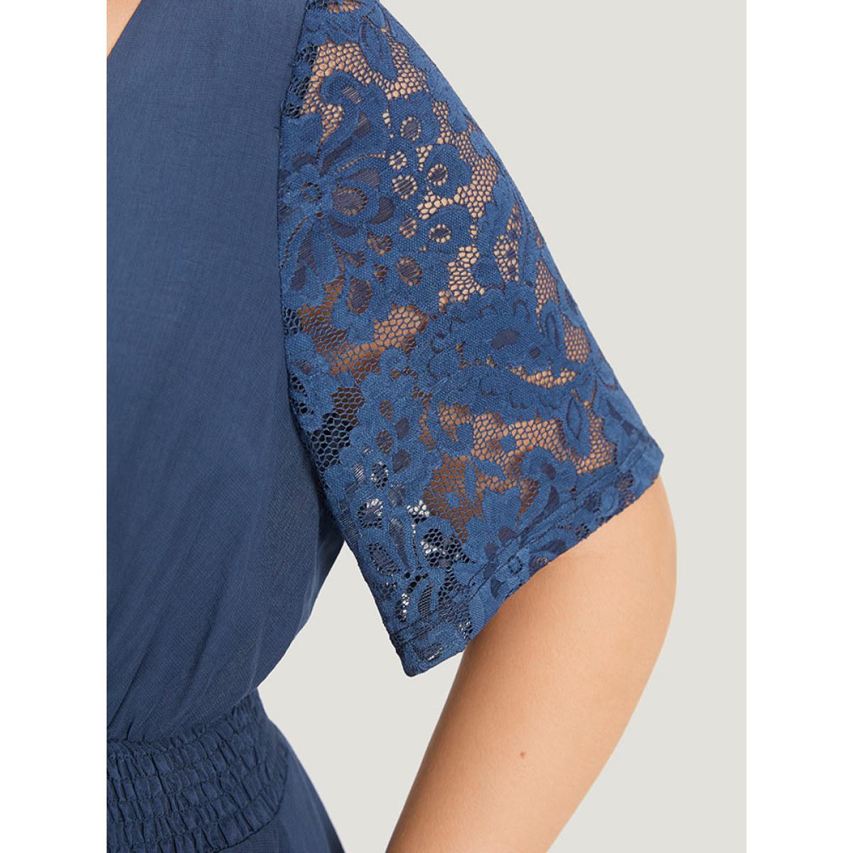 Plus Size Indigo Supersoft Essentials Crochet Lace Mesh Shirred Ruffle Hem Gathered Blouse Women Elegant Short sleeve Square Neck Dailywear Blouses BloomChic 14-16/1X Product Image