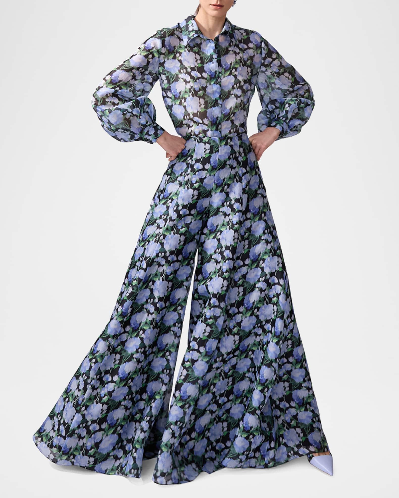 Floral Silk Puff-Sleeve Button-Down Shirt Product Image