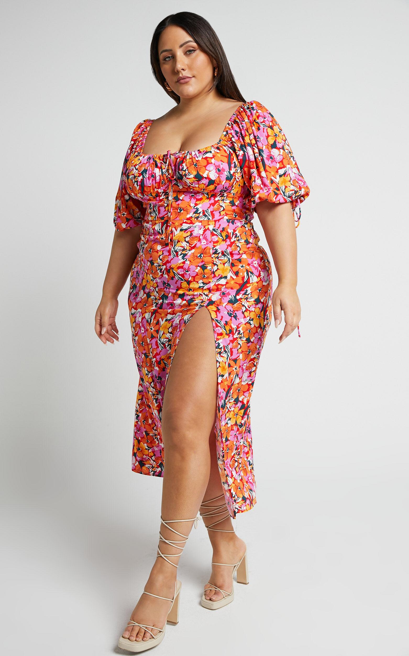 Rosario Midi Dress - Ruched Bust Puff Sleeve Dress in Spring Floral Product Image