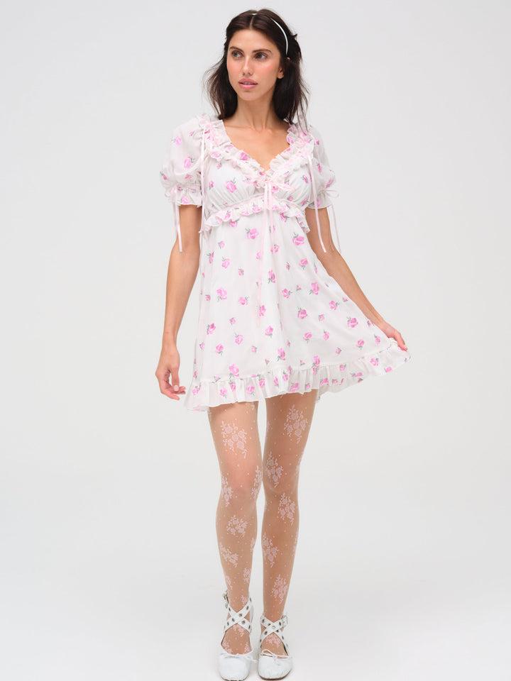 Fiona Floral Mini Dress — White Product Image