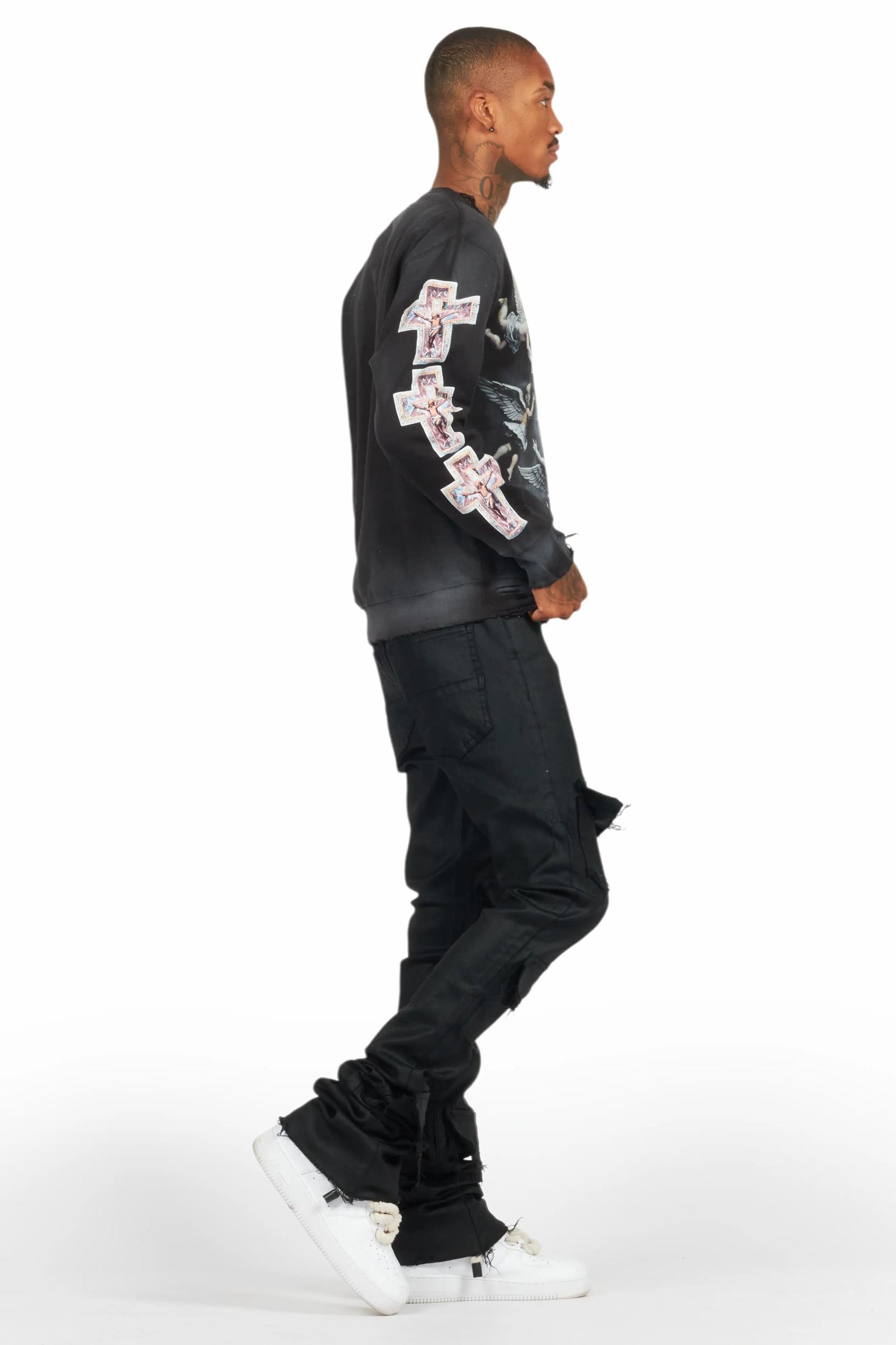 Petrus Black Coated Super Stacked Flare Jean Male Product Image