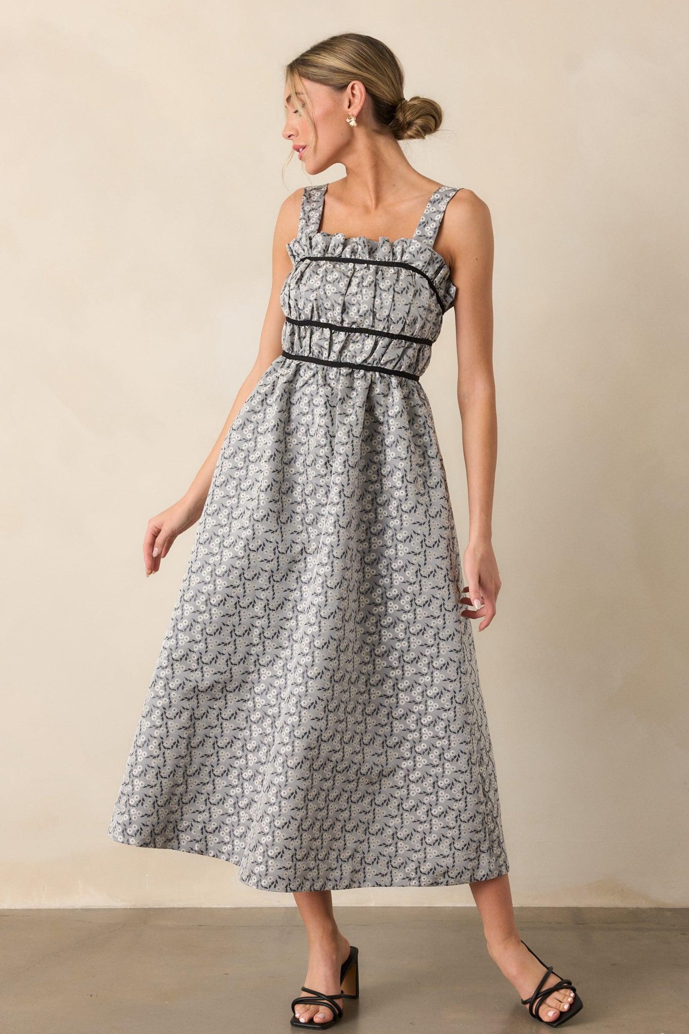 Moment In Time Light Grey Floral Midi Dress Product Image