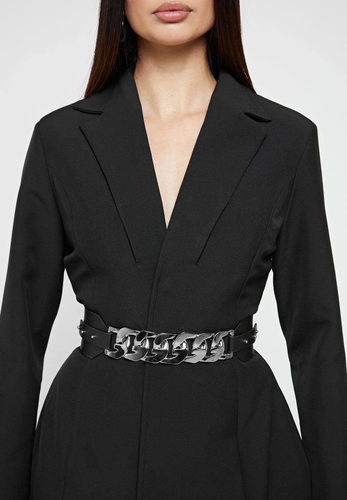 Chain Belted Blazer Dress - Black Female Product Image