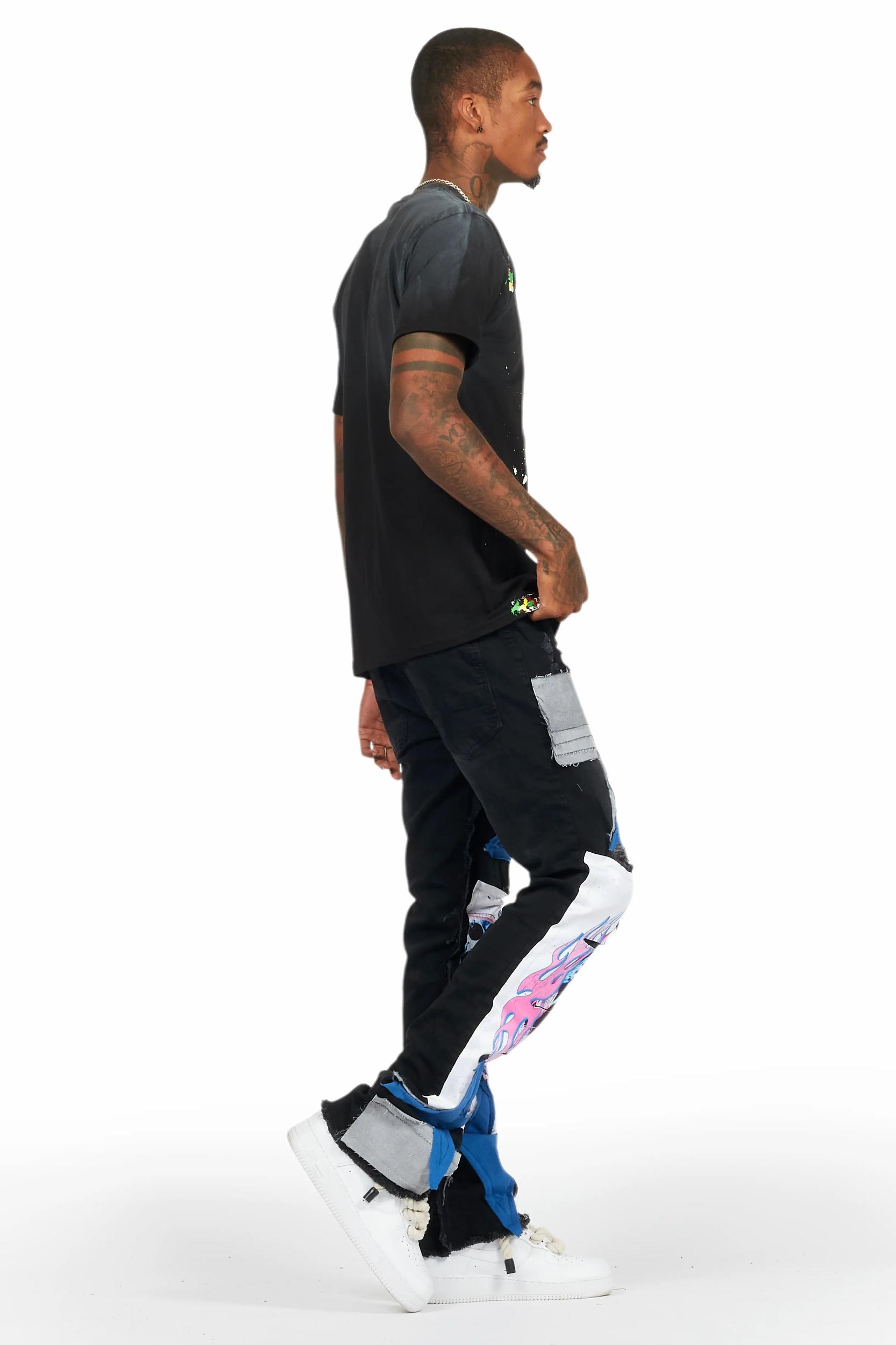 Helios Dark Grey Patchwork Stacked Flare Jean Male Product Image