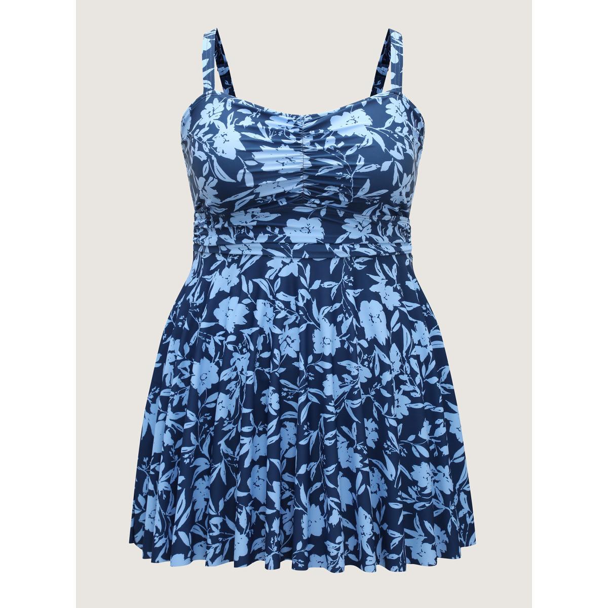 Plus Size Floral Fit and Flare Swim Dress Women's Swimwear Mediumblue Resort Bodycon Heart neckline High stretch Curve Swim Dresses BloomChic 14-16/1X Product Image