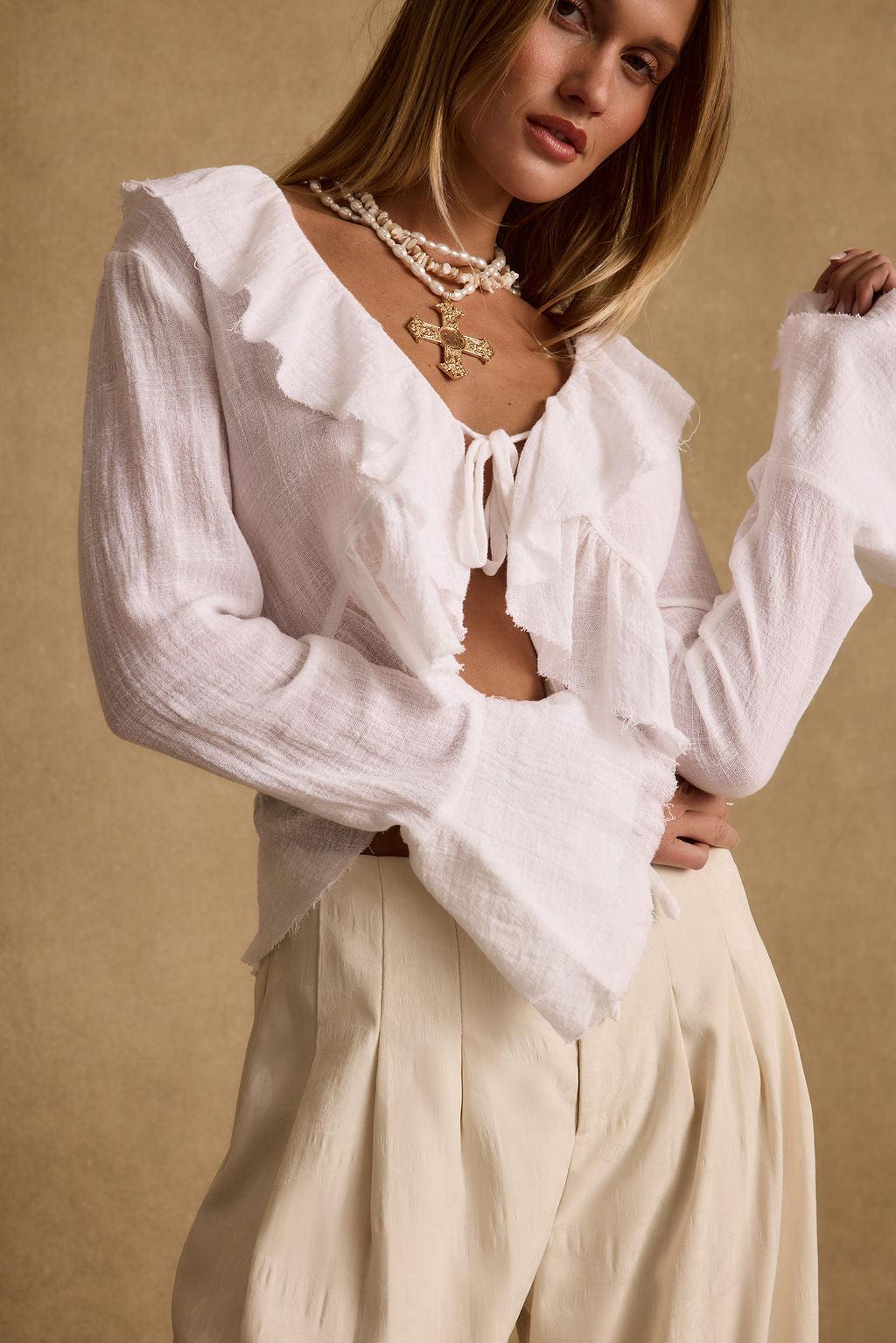 Guilliana White Ruffle Blouse Product Image