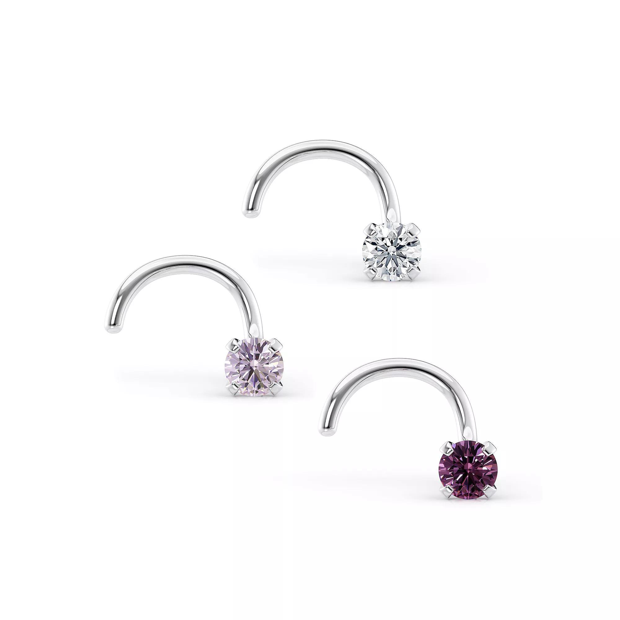 Lila Moon 14k Gold Purple & White Cubic Zirconia Curved Nose Studs Trio, Women's, 14k White Gold Product Image