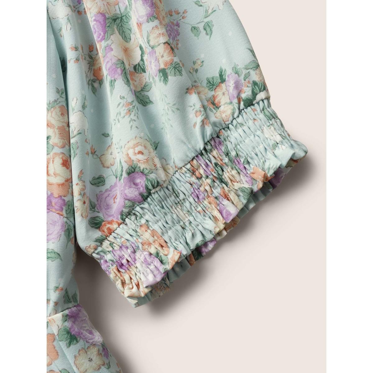 Plus Size Floral Shirred Tie Knot Lantern Sleeve Dress LightBlue Women Elegant Tie knot Notched collar Half Sleeve Curvy BloomChic 26/4X Product Image