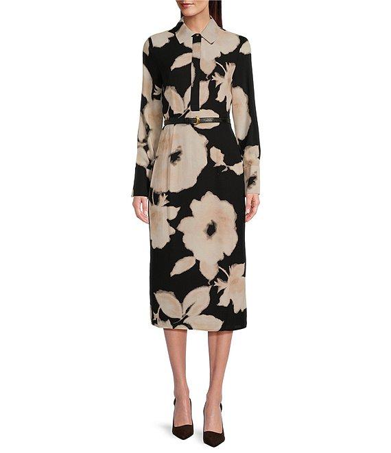 Donna Karan Chiffon Collared V-Neck Long Sleeve Belted Sheath Midi Dress Product Image