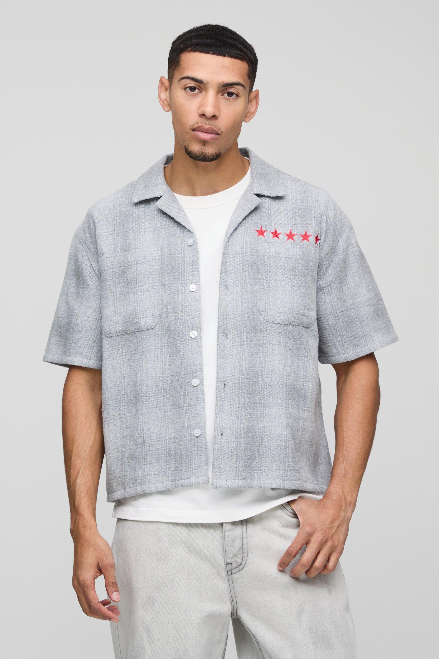 Oversized Boxy Star Made Embroidery Slogan Shirt | boohooMAN USA Product Image