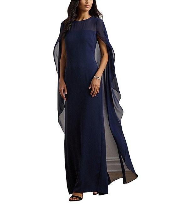 Lauren Ralph Lauren Georgette Boat Neck Sleeveless Overlay Cap Column Gown Product Image