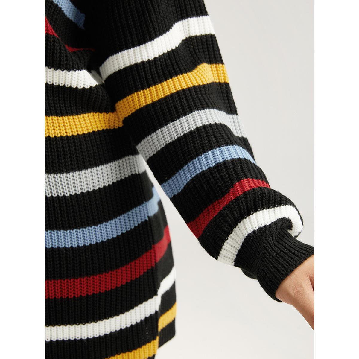 Plus Size Rainbow Striped Drop Shoulder Lantern Sleeve Pullover Multicolor Women Casual Loose Long Sleeve Round Neck Dailywear Pullovers BloomChic 28/5X Product Image