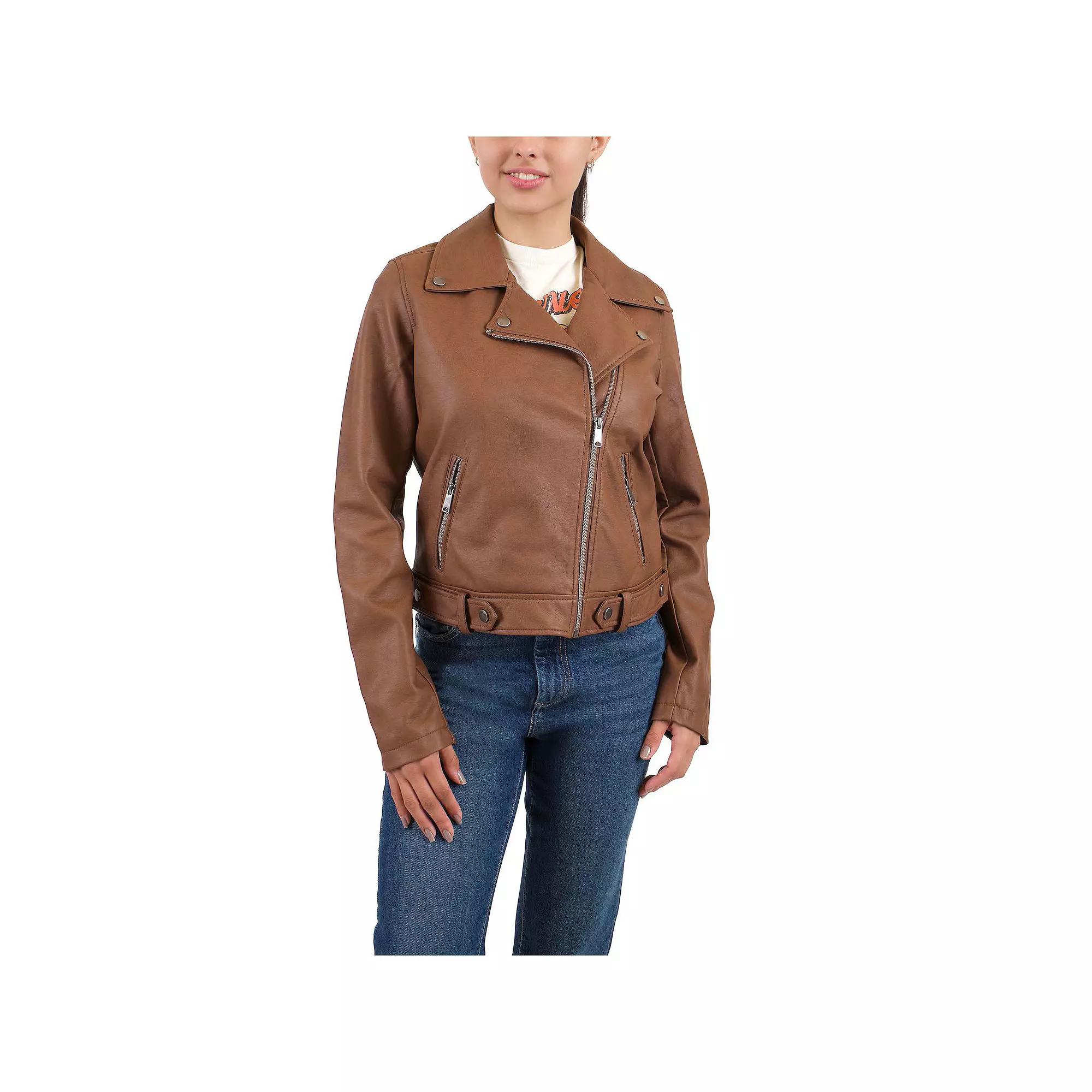 Juniors' Coffee Shop Classic Faux Leather Moto Jacket, Women's, Size: Small, Brown Product Image