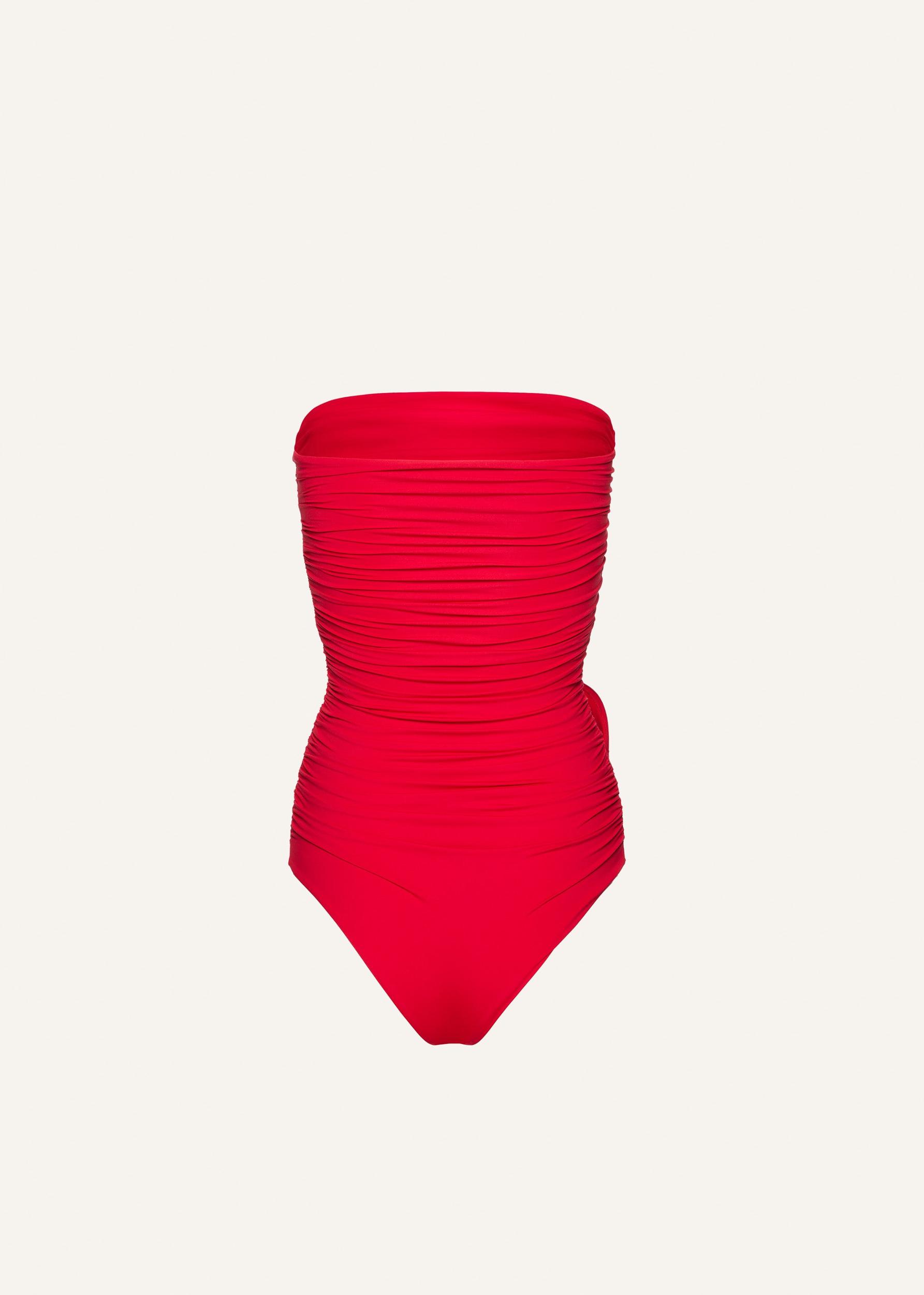 Flower appliqué strapless draped swimsuit in red Product Image