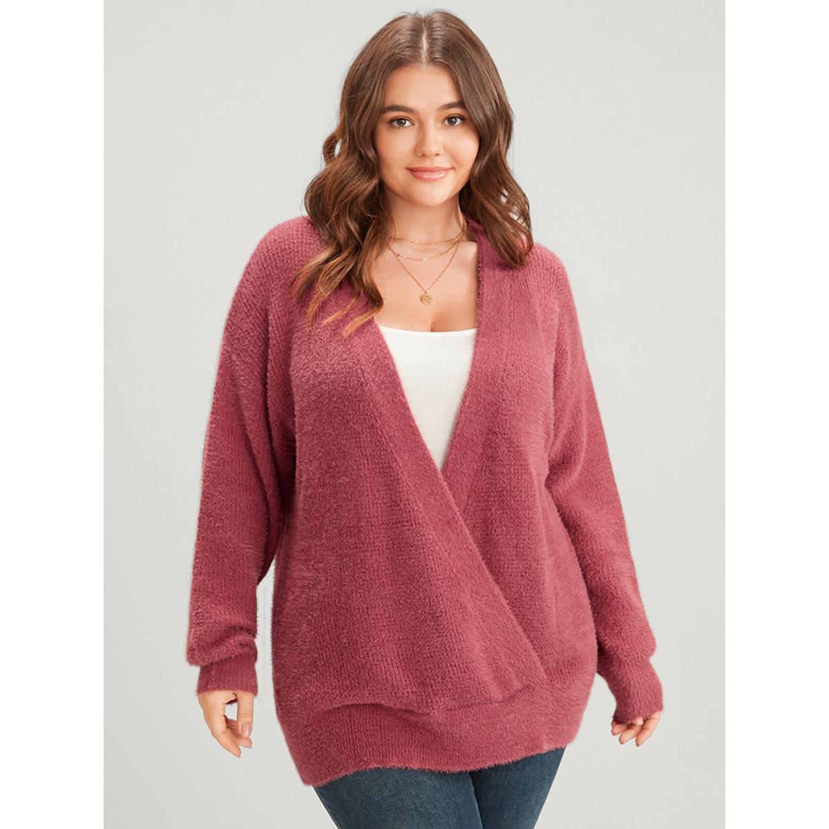 Plus Size Solid Pointelle Knit Surplice Neck Fluffy Knit Top Rust Women Casual Loose Long Sleeve Deep V-neck Dailywear Pullovers BloomChic 10/M Product Image