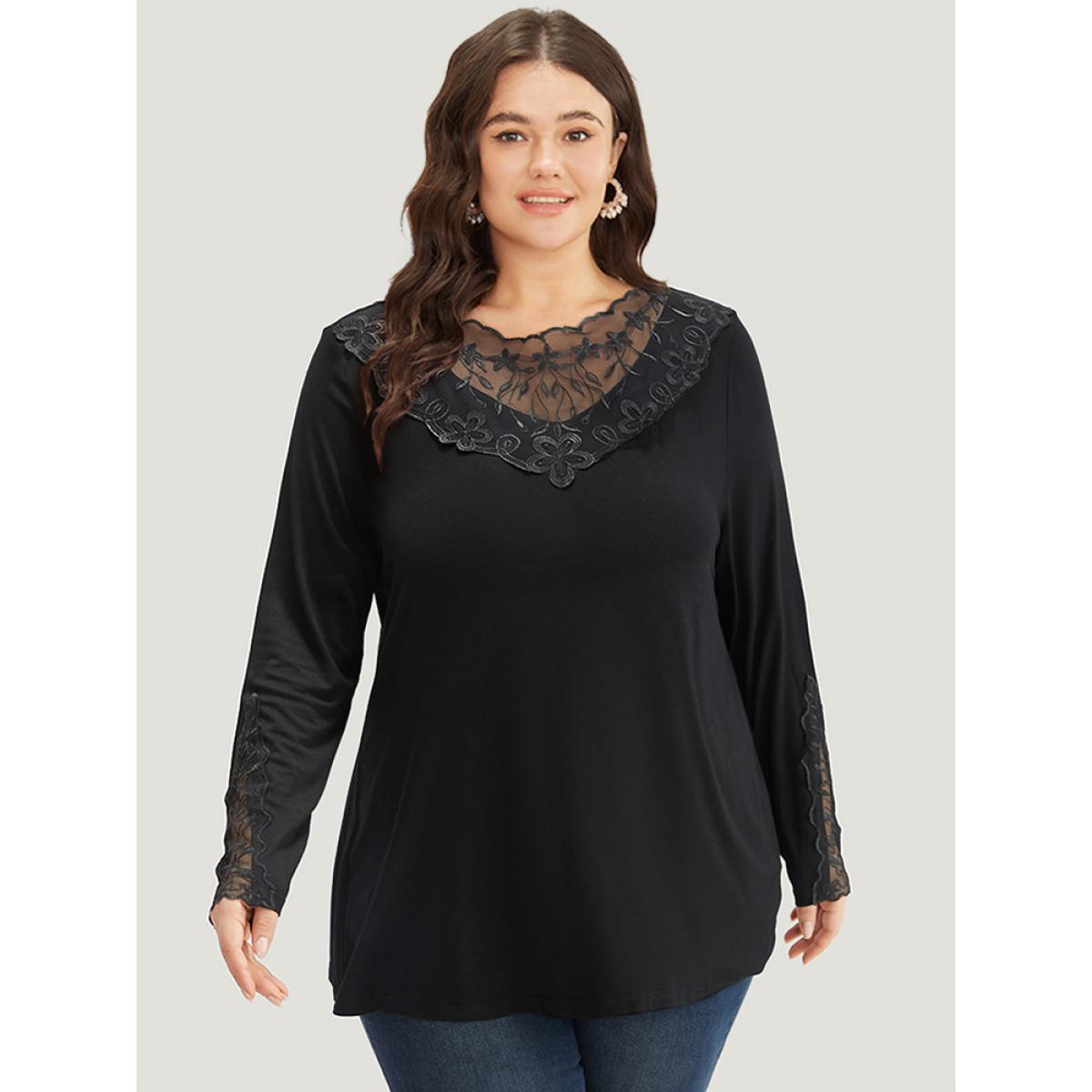 Plus Size Halloween Plain Crochet Lace Mesh T-shirt Black Women Elegant Plain Plain Round Neck Dailywear T-shirts BloomChic 12/L Product Image