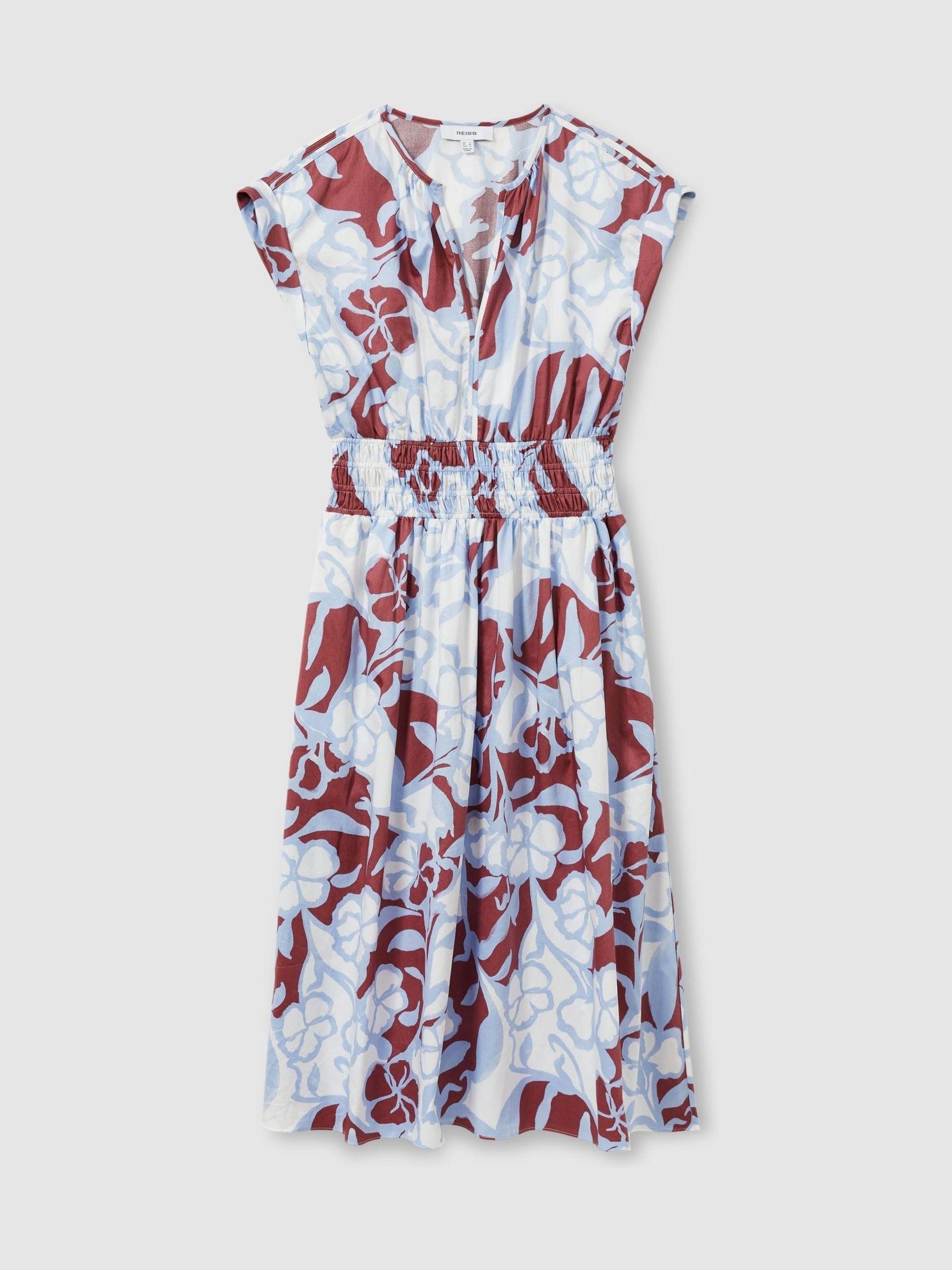 100% Cotton Poplin Floral-Print Midi Dress in Blue Product Image