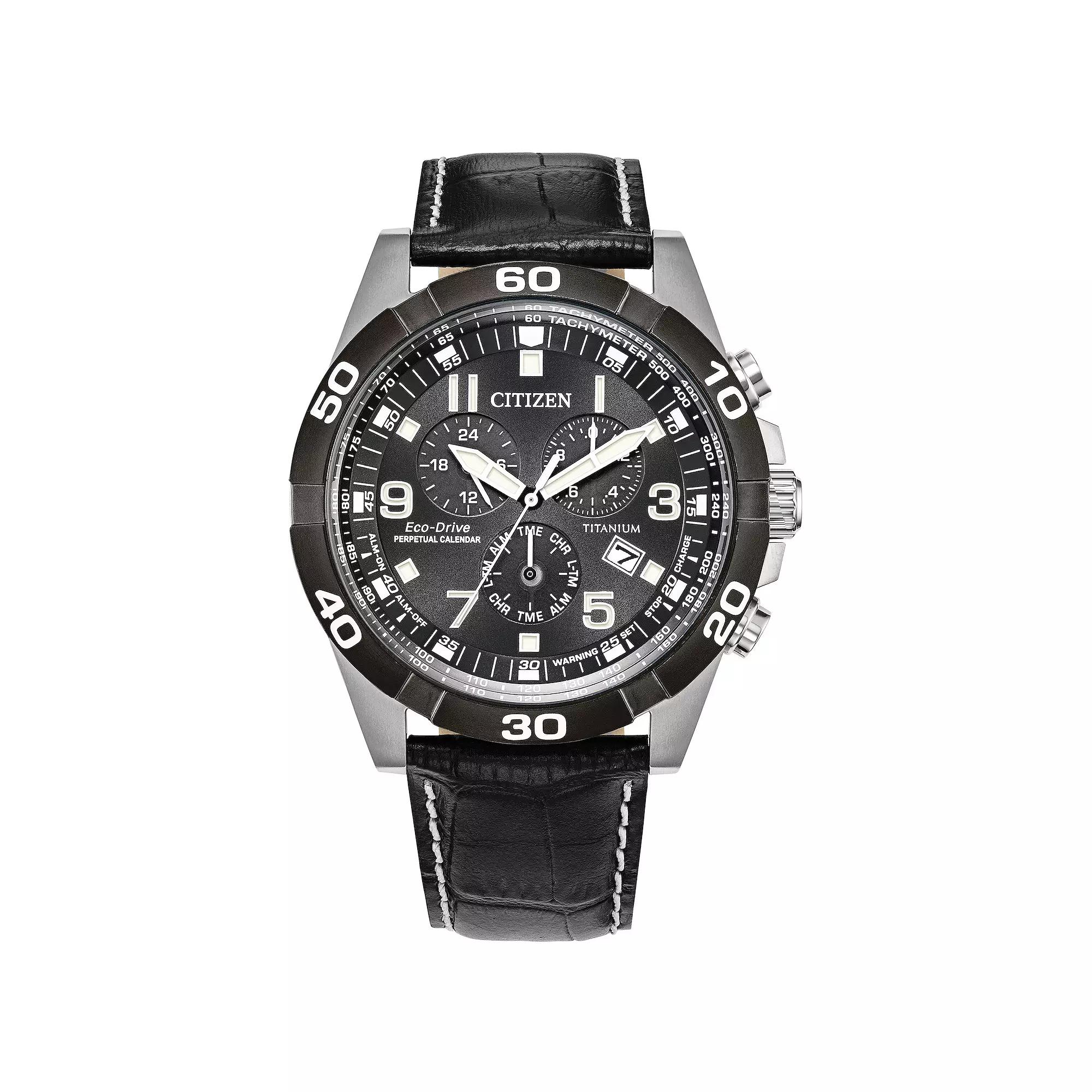 Citizen Mens Eco-Drive Titanium Black Chronograph Dial Black Leather Strap Watch - BL5558-15H Product Image