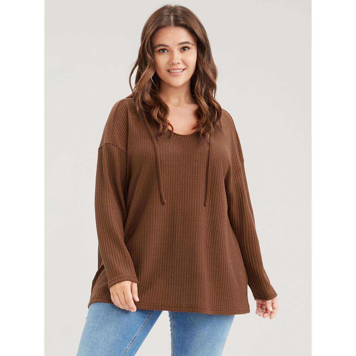 Plus Size Plain Ties Waffle Knit Hooded Sweatshirt Women Chocolate Casual Plain Hooded Dailywear Sweatshirts BloomChic 10/M Product Image