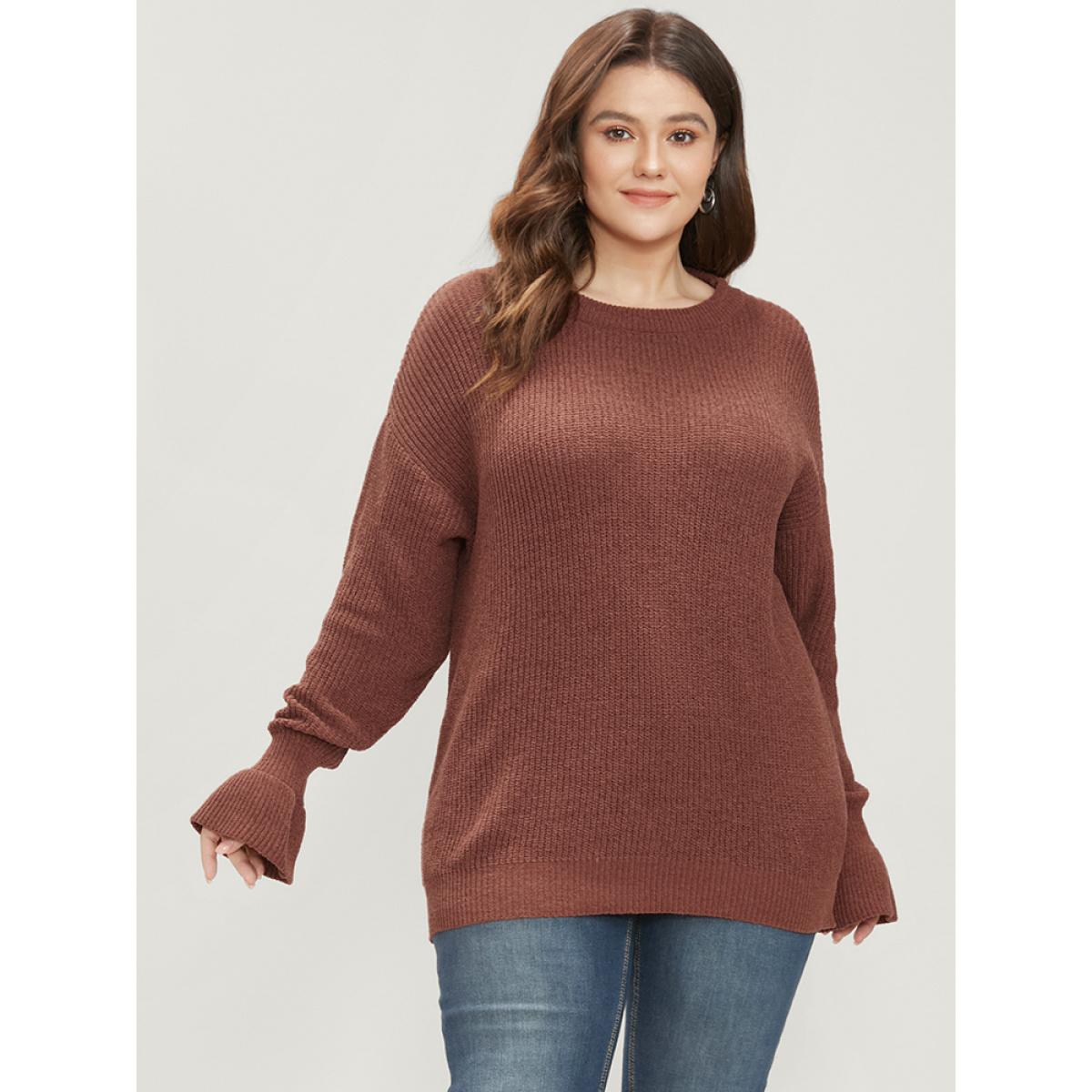 Plus Size Solid Pointelle Knit Round Neck Bell Sleeve Knit Top Bronze Women Casual Loose Long Sleeve Dailywear Pullovers BloomChic 26/4X Product Image