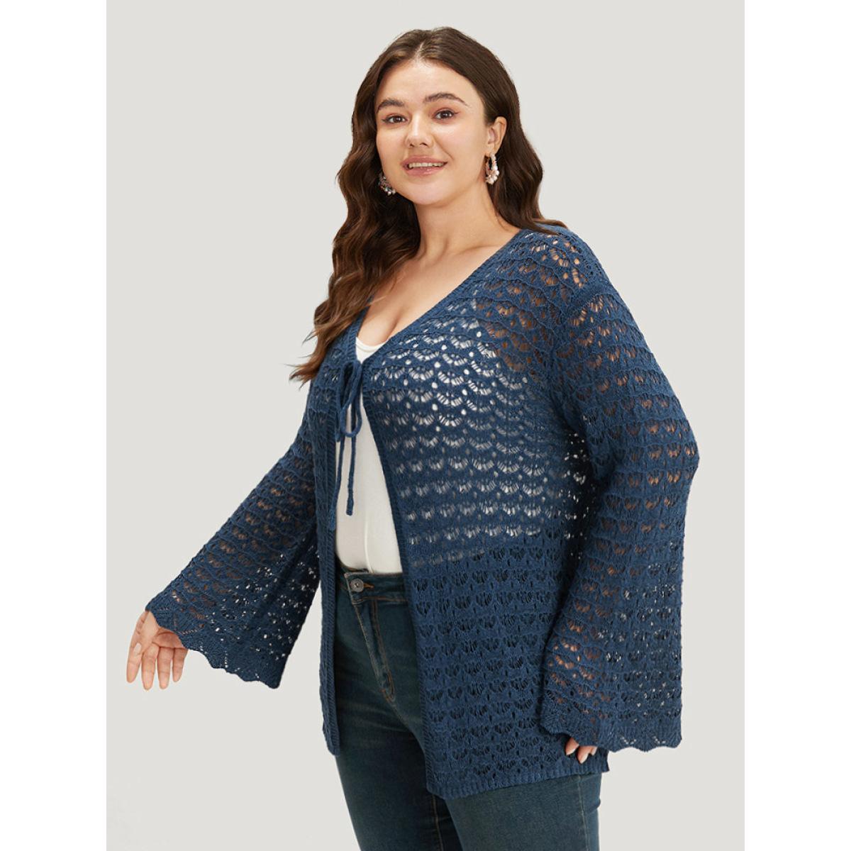 Plus Size Solid Eyelet Ties Front Bell Sleeve Cardigan Indigo Women Casual Loose Long Sleeve Dailywear Cardigans BloomChic 14-16/1X Product Image