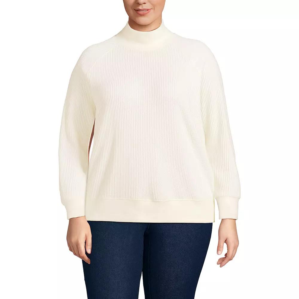 Plus Size Lands' End Waffle Relaxed Long Sleeve Mockneck Pullover, Women's, Size: 3XL, Fresh Ivory Product Image