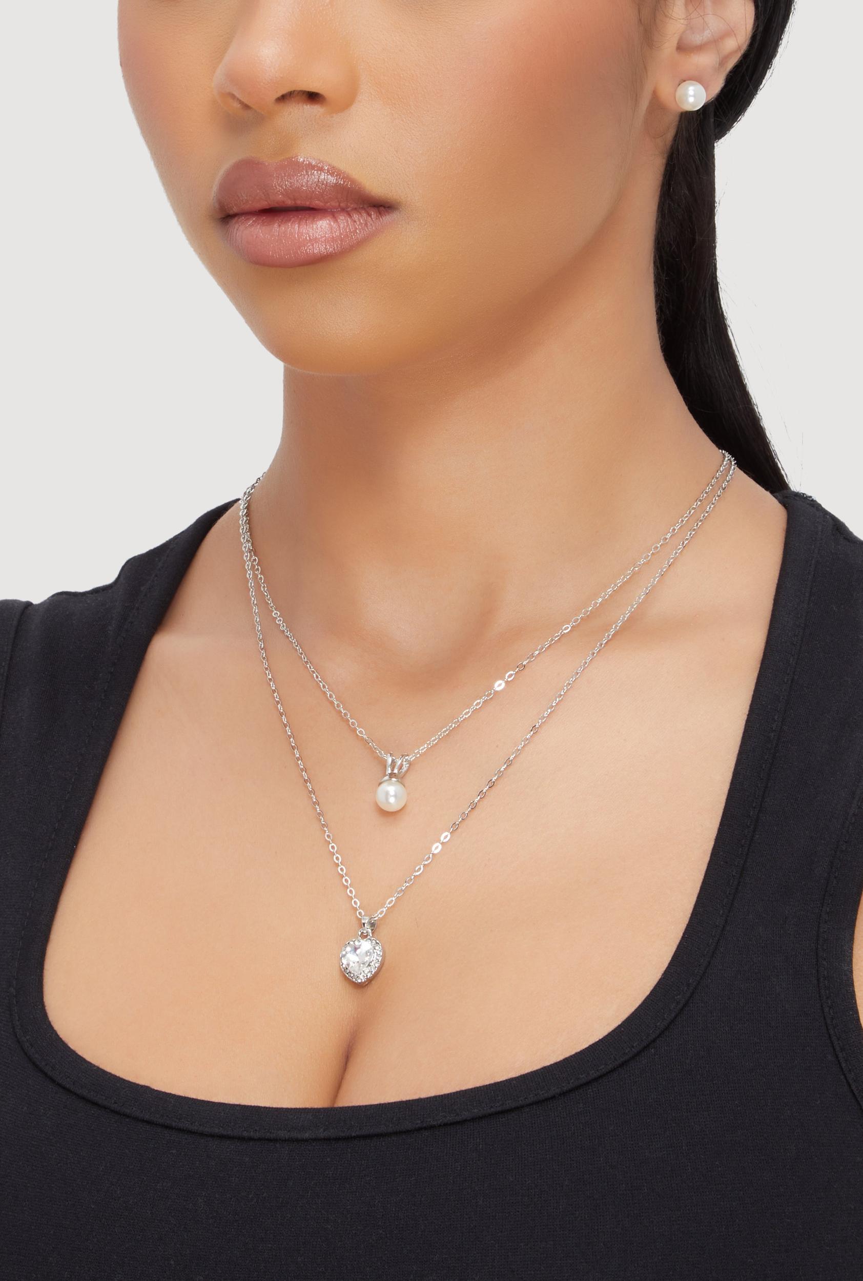 Cubic Zirconia Charm Layered Necklace with Stud Earrings Male Product Image