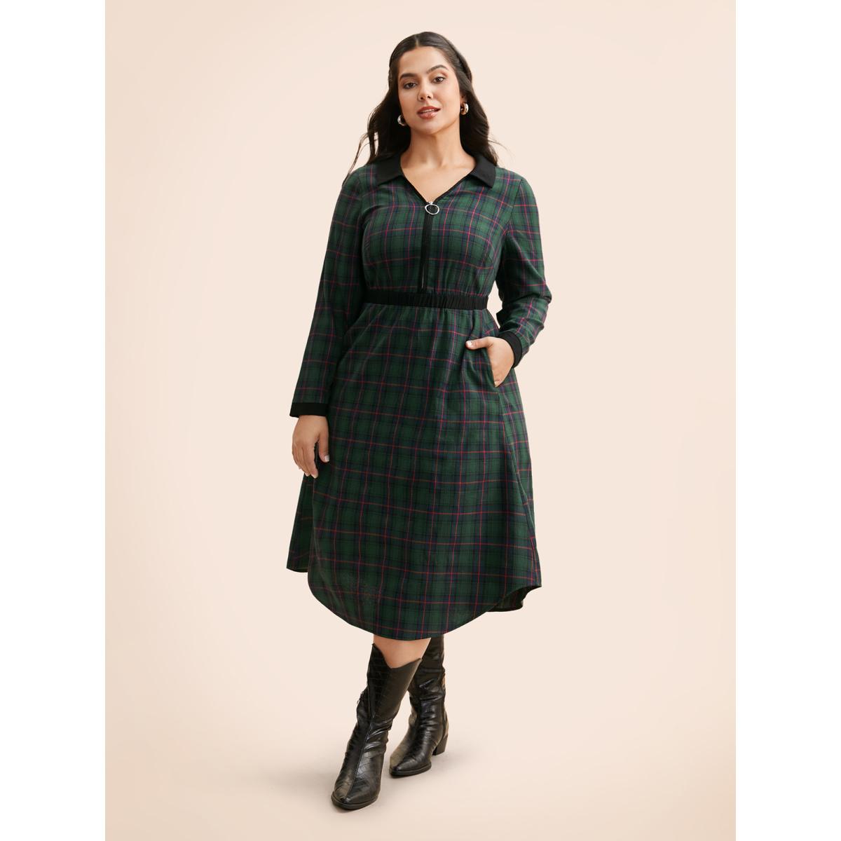 Plus Size Contrast Plaid O Ring Zipper Dress Emerald Women Office Contrast Shirt collar Long Sleeve Curvy BloomChic 22-24/3X Product Image