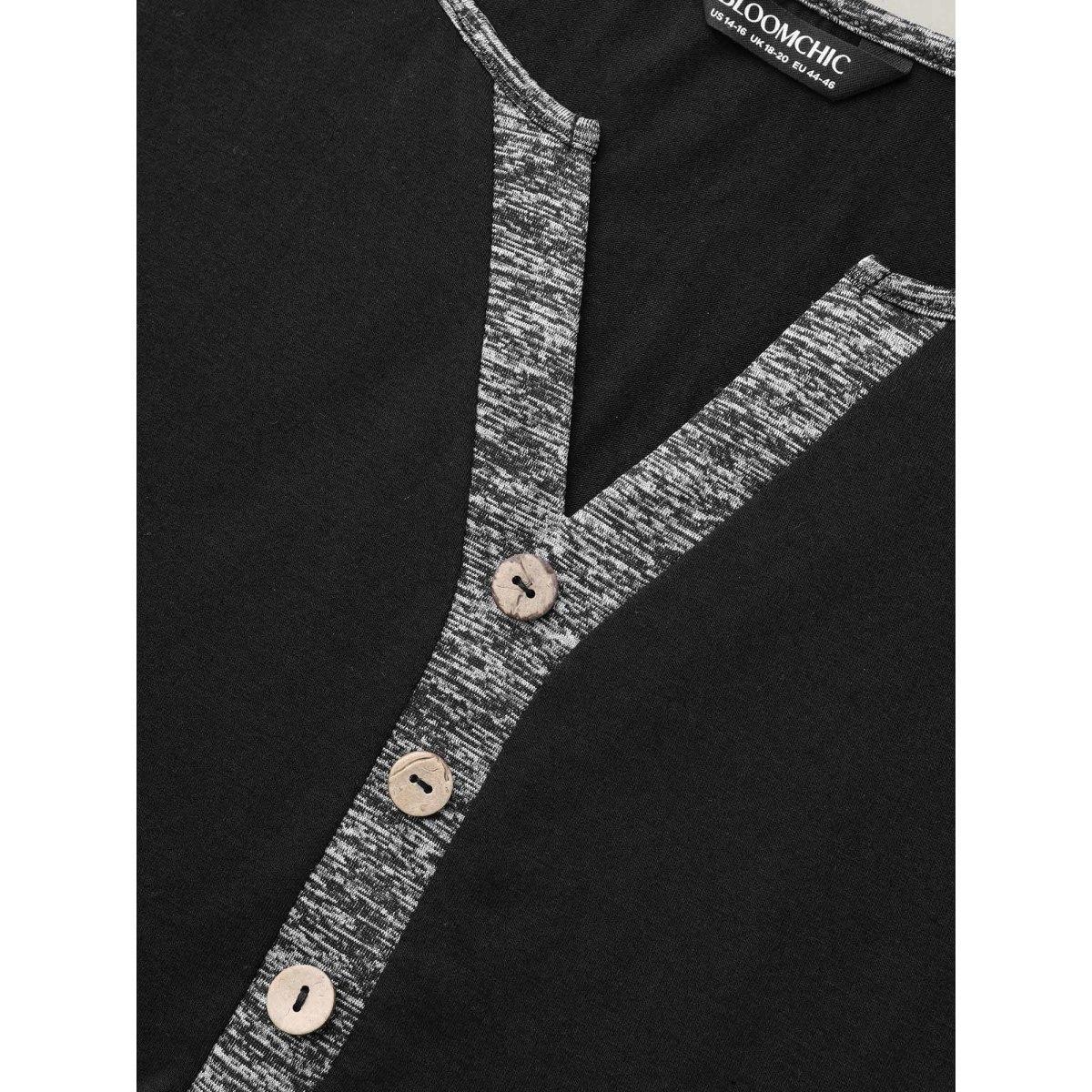 Plus Size Heather Patchwork Button Detail Stretchy T-Shirt Black Women Casual Contrast Flat collar with V-notch Everyday T-shirts BloomChic 22-24/3X Product Image