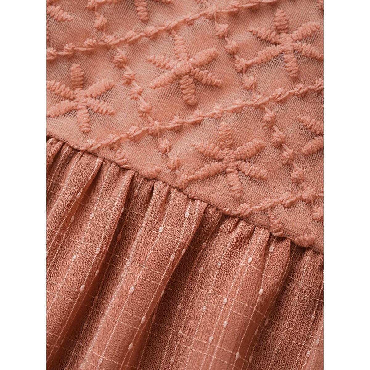 Plus Size Coral Solid Notched Lace Panel Bell Sleeve Blouse Women Resort Elbow-length sleeve Flat collar with V-notch Vacation Blouses BloomChic 26/4X Product Image