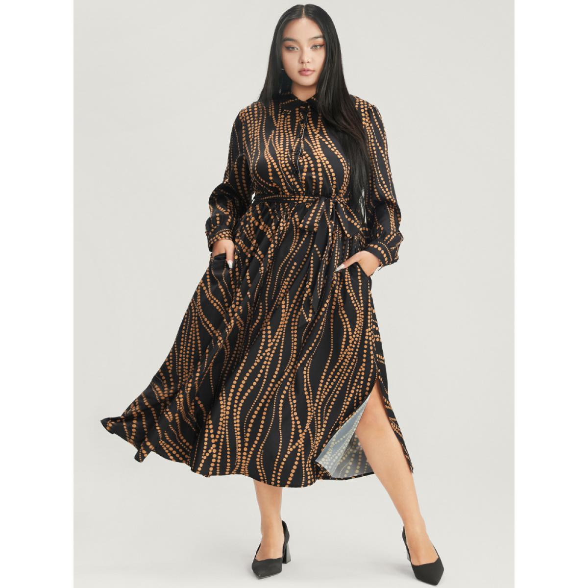 Plus Size Polka Dot Pocket Button Detail Belted Shirt Collar Dress Black Women Office Pocket Shirt collar Long Sleeve Curvy Midi Dress BloomChic 28/5X Product Image