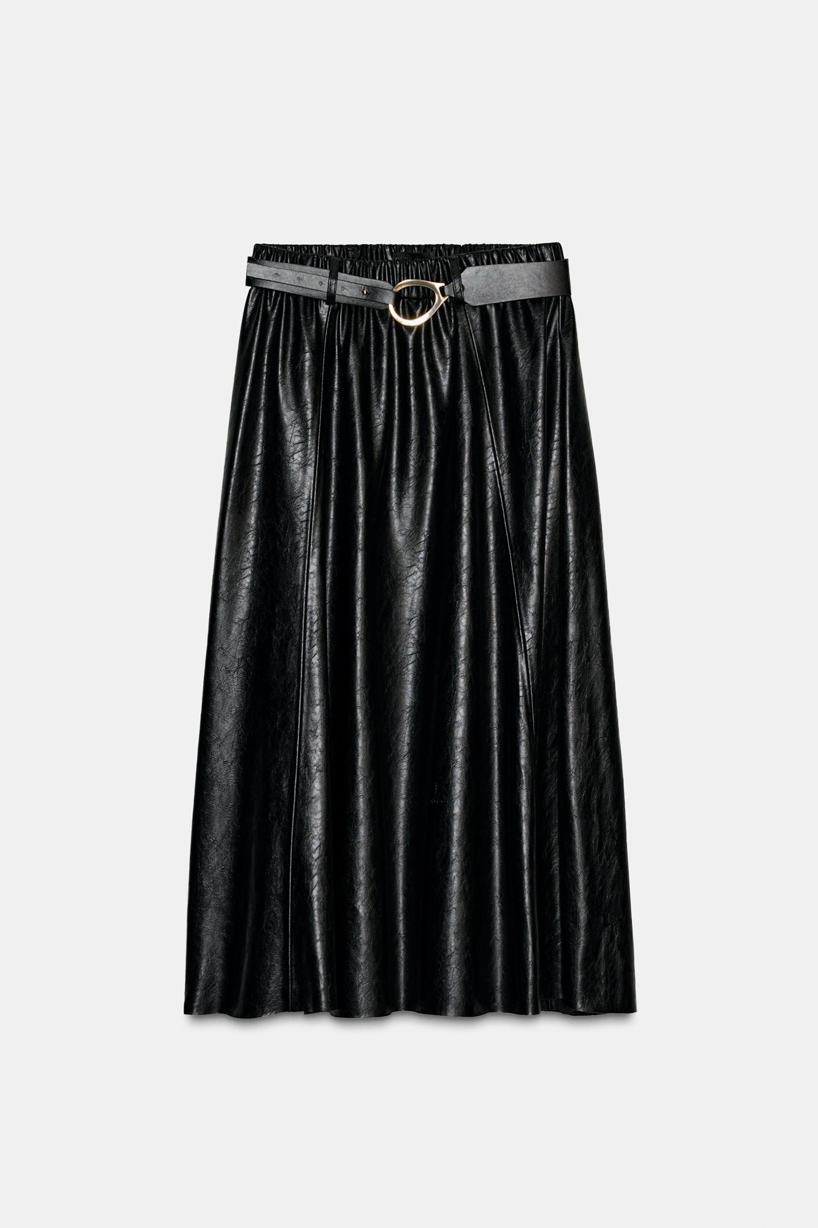 FAUX LEATHER LAYERED BELTED MIDI SKIRT Product Image