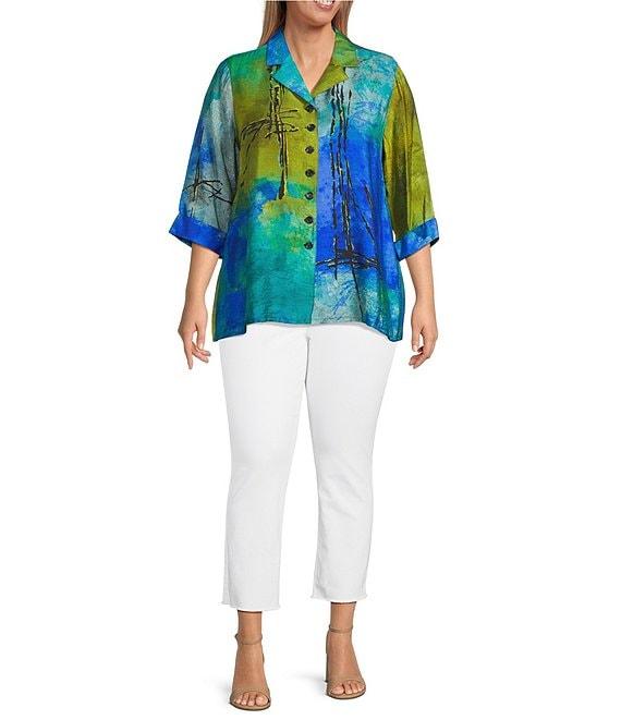 Ali Miles Plus Size Woven Color Block Print Point Collar 3/4 Sleeve Button Front Tunic Product Image