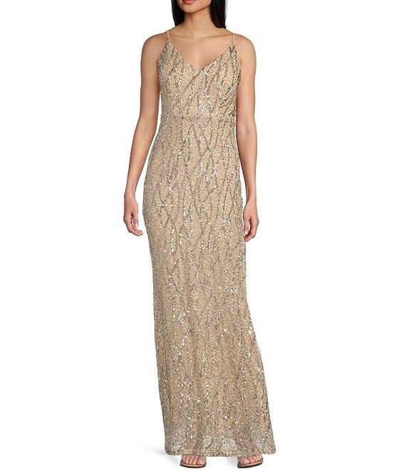 Jump Beaded Sequin Spaghetti Strap V-Neck Tulle Tie Back Gown Product Image