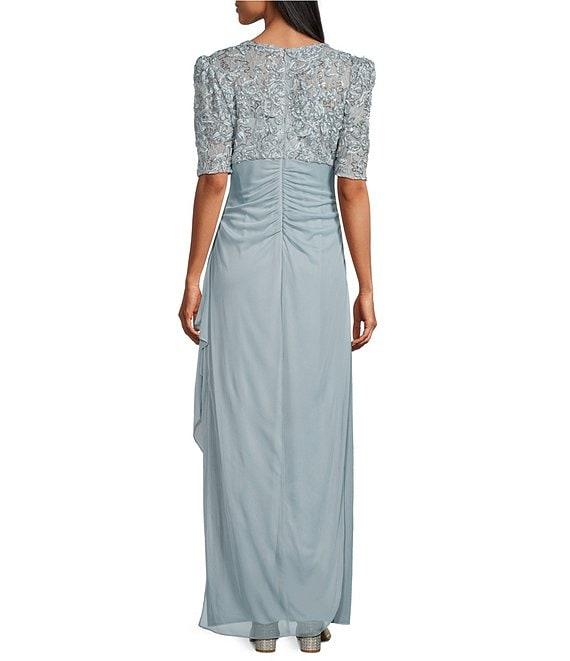 Alex Evenings Short Sleeve V-Neck Soutache Bodice Cascade Ruddle Dress Product Image