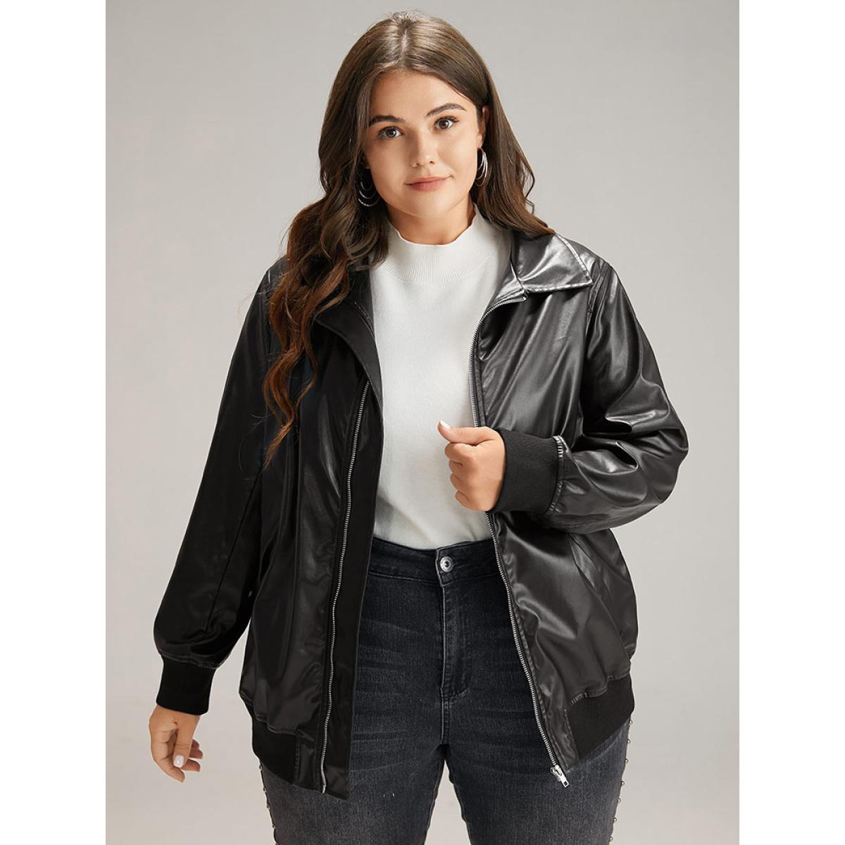 Plus Size Plain Zipper Fly Rib Knit Patchwork Jacket Women Black Elastic cuffs Pocket Dailywear Jackets BloomChic 12/L Product Image