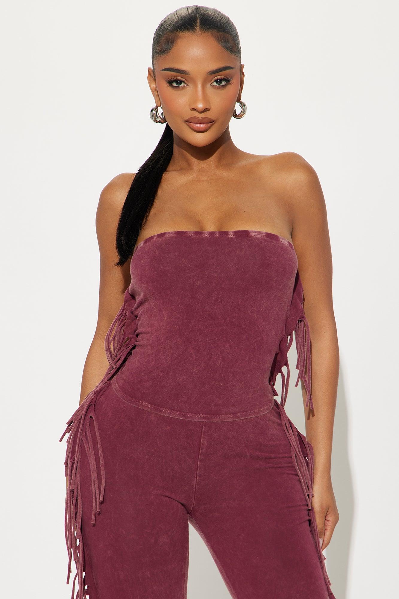 Festival Fringe Washed Pant Set - Burgundy Product Image
