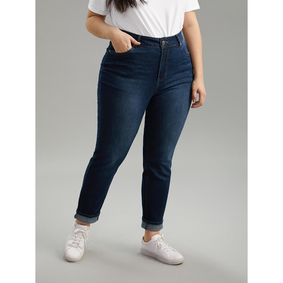 Plus Size Cutoff Roll Hem Full Length Jeans Women DarkBlue Casual Plain Plain High stretch Pocket Jeans BloomChic 22/3X Product Image