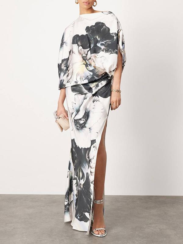 Batwing Sleeves Loose Asymmetric Floral Printed Split-Joint Split-Side One-Shoulder Evening Dresses Maxi Dresses Product Image