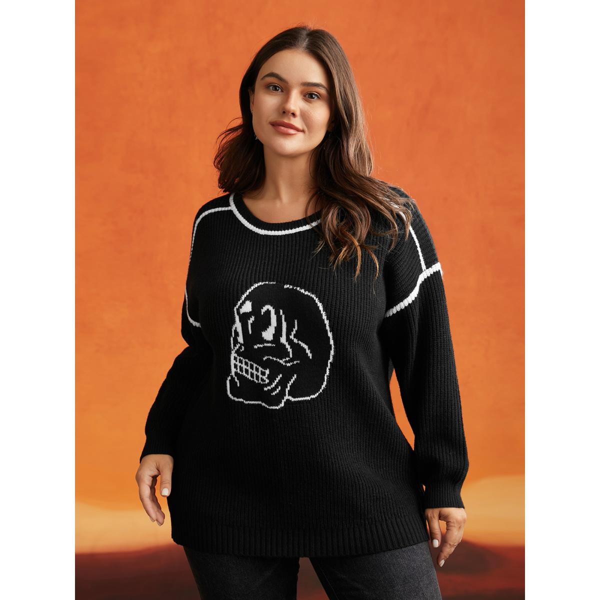 Plus Size Skull Printed Balloon Sleeves Pullover Black Women Casual Loose Long Sleeve Round Neck Everyday Pullovers BloomChic 30/6X Product Image