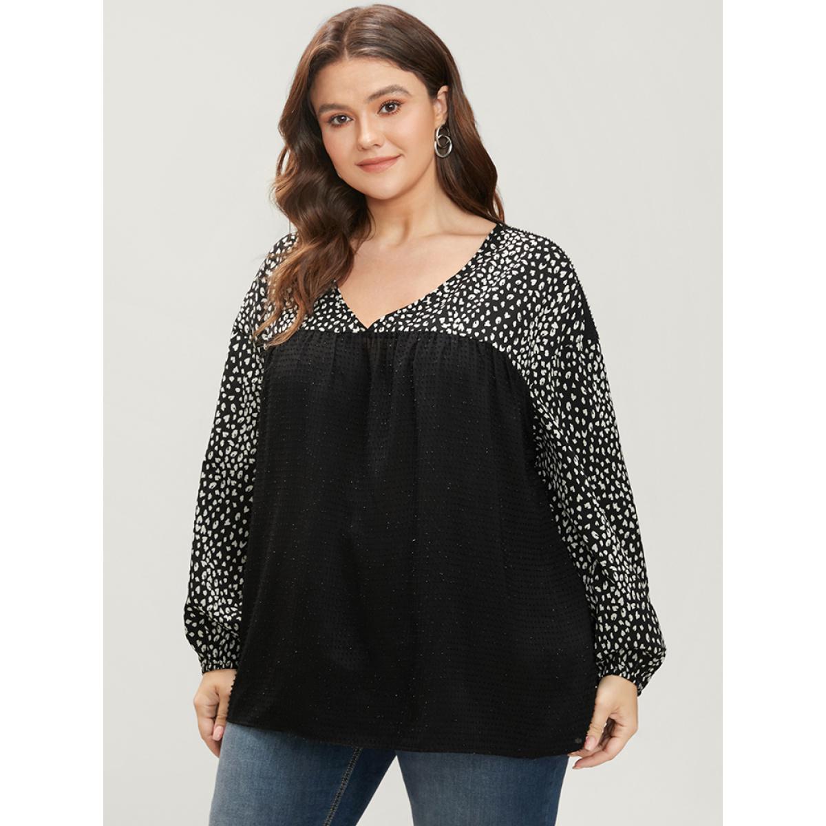 Plus Size Black Leopard Patchwork Raglan Sleeve V Neck Blouse Women Elegant Long Sleeve V-neck Dailywear Blouses BloomChic 12/L Product Image