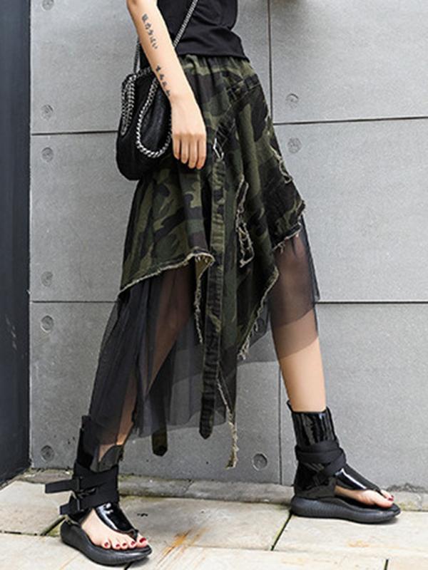 A-Line Loose Asymmetric Camouflage Elasticity Fringed Mesh Split-Joint Skirts Bottoms Product Image