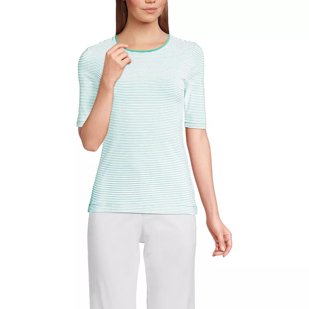 Petite Lands' End Lightweight Cotton Modal Elbow Sleeve Crew Neck Tee, Women's, Size: Small Petite, White Green Stripe Product Image