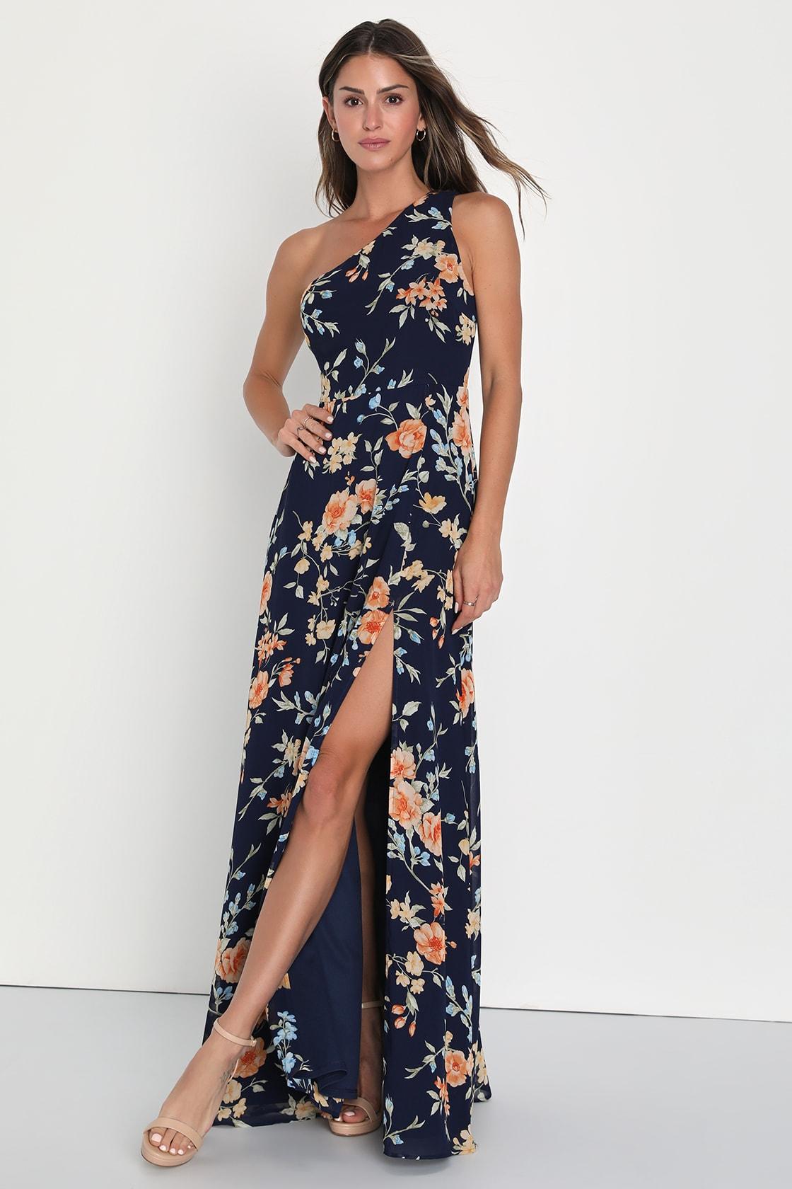 Elegant Admiration Navy Blue Floral One-Shoulder Maxi Dress Product Image
