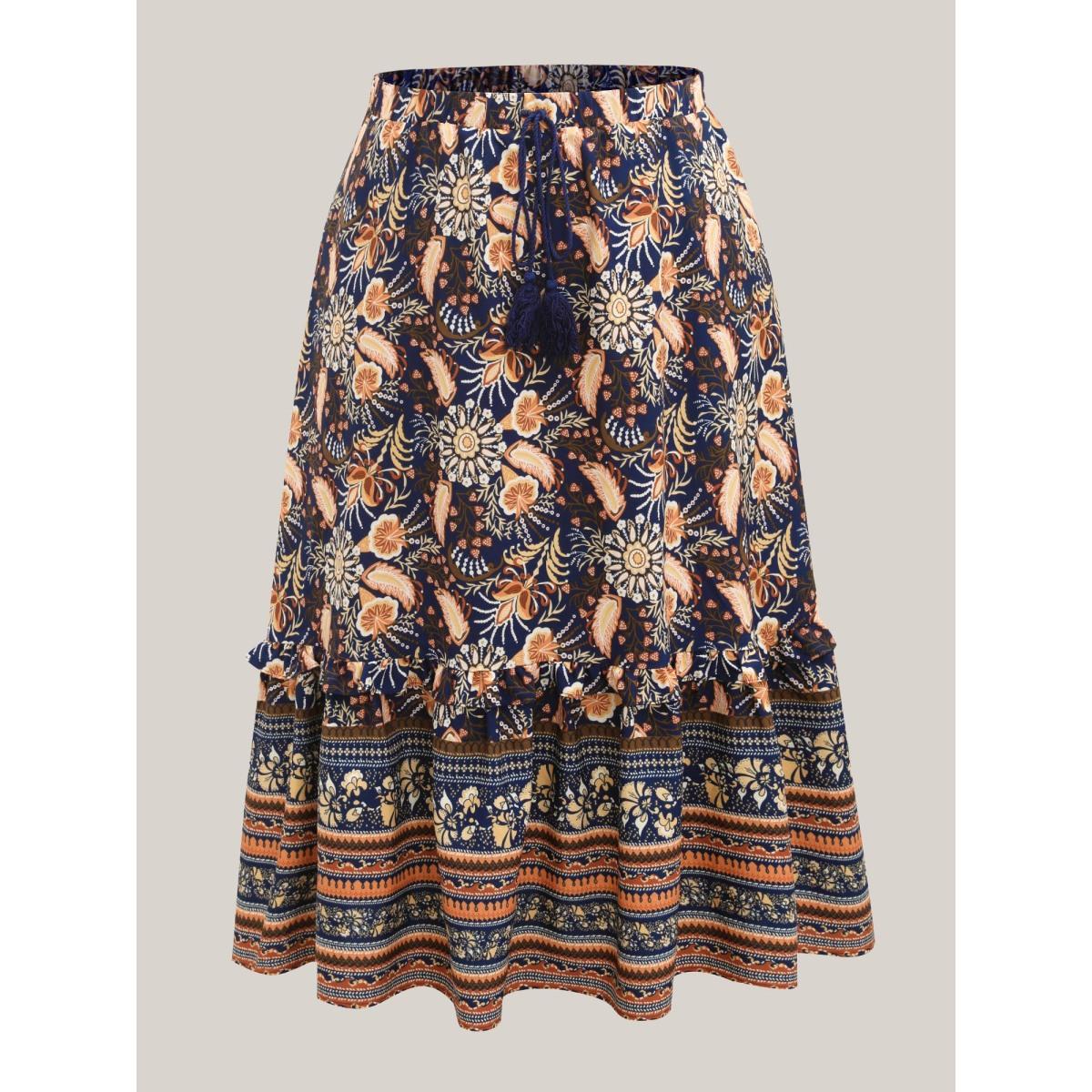 Plus Size Boho Print Tiered A-Line Maxi Skirt Women DarkBlue Loose No stretch Side seam pocket Vacation Skirts BloomChic 18-20/2X Product Image