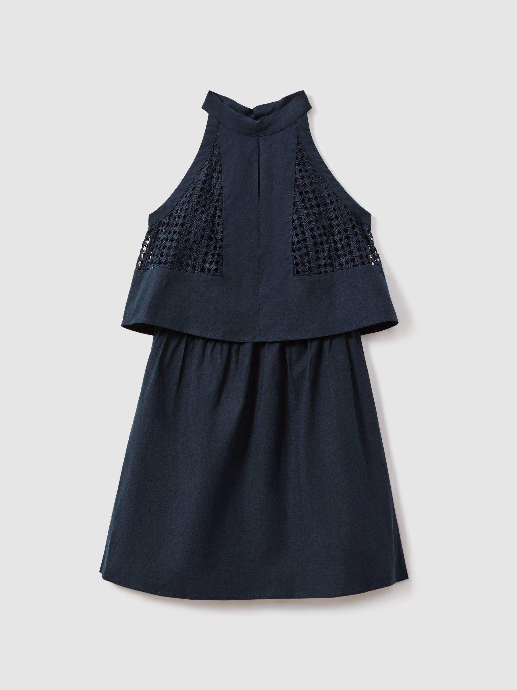 Broderie Halter Neck Mini Dress With Linen in Navy Product Image