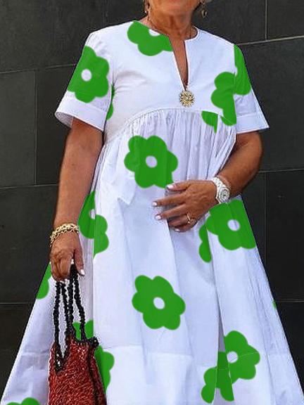 A-Line Loose Flower Print Pleated Split-Joint Round-Neck Midi Dresses Product Image