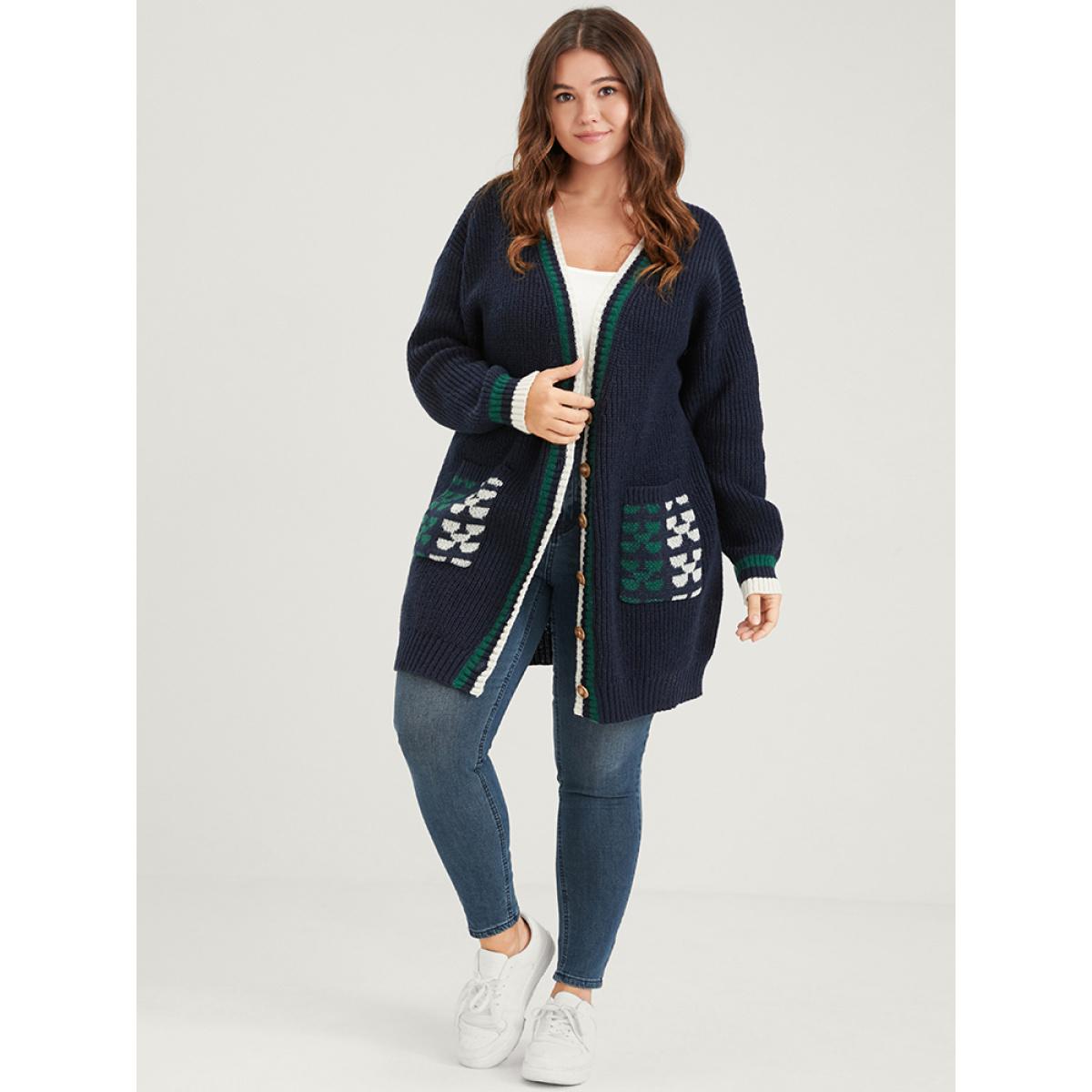 Plus Size Contrast Trim Pointelle Knit Button Front Pocket Jacquard Cardigan DarkBlue Women Casual Loose Long Sleeve Dailywear Cardigans BloomChic 14-16/1X Product Image