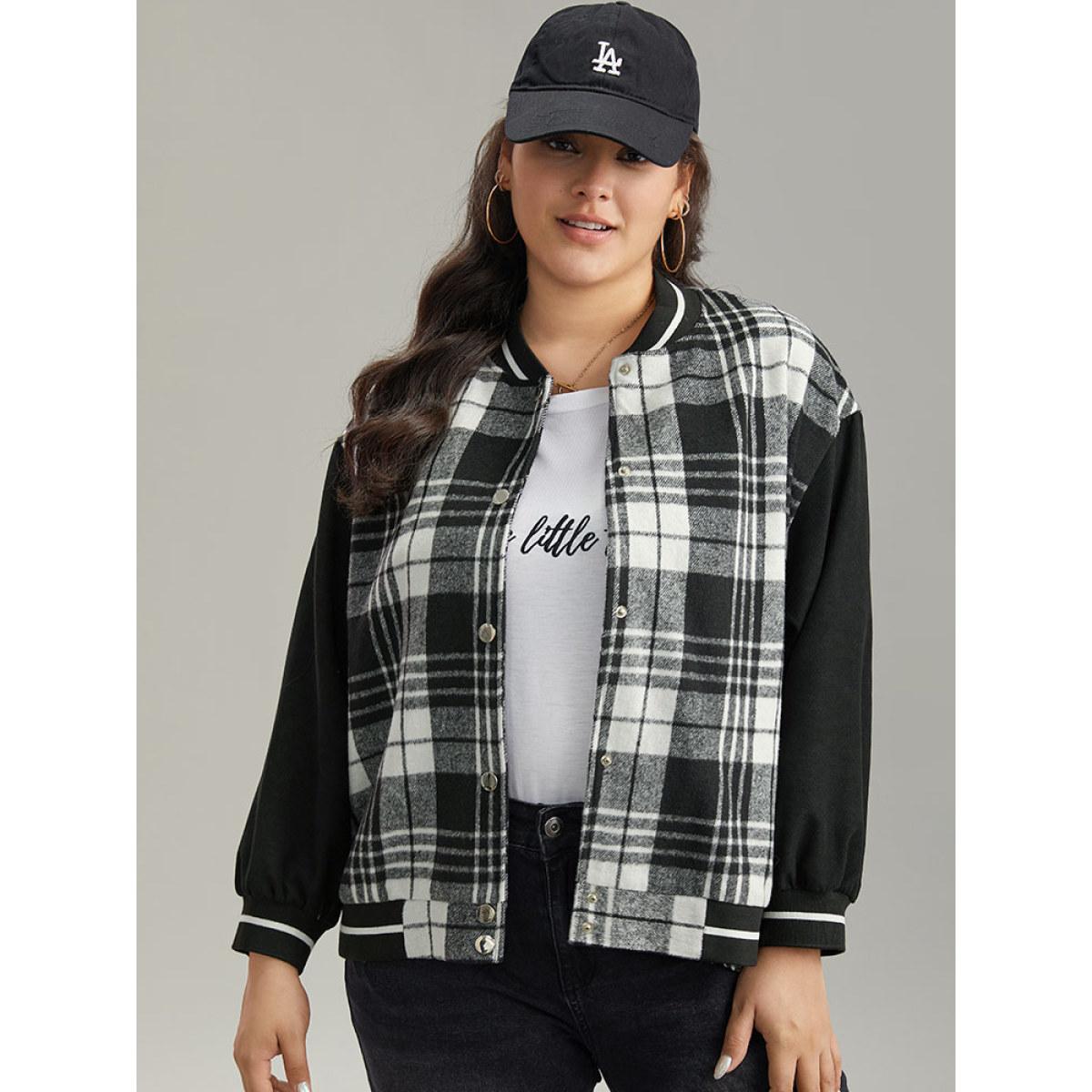 Plus Size Plaid Button Through Pocket Baseball Collar Bomber Jacket Women Black Elastic cuffs Pocket Dailywear Jackets BloomChic 12/L Product Image